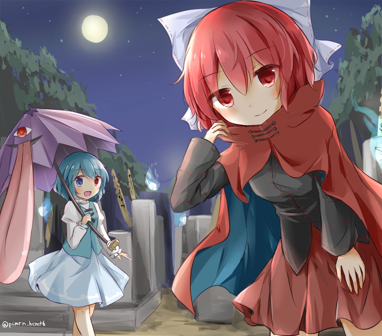 2girls blue_eyes blue_hair bow cape full_moon hair_bow heterochromia hitodama long_sleeves moon multiple_girls night night_sky open_mouth puchimirin red_cape red_eyes red_hair red_skirt sekibanki shirt short_hair skirt sky star_(sky) starry_sky tatara_kogasa tongue touhou tunic umbrella