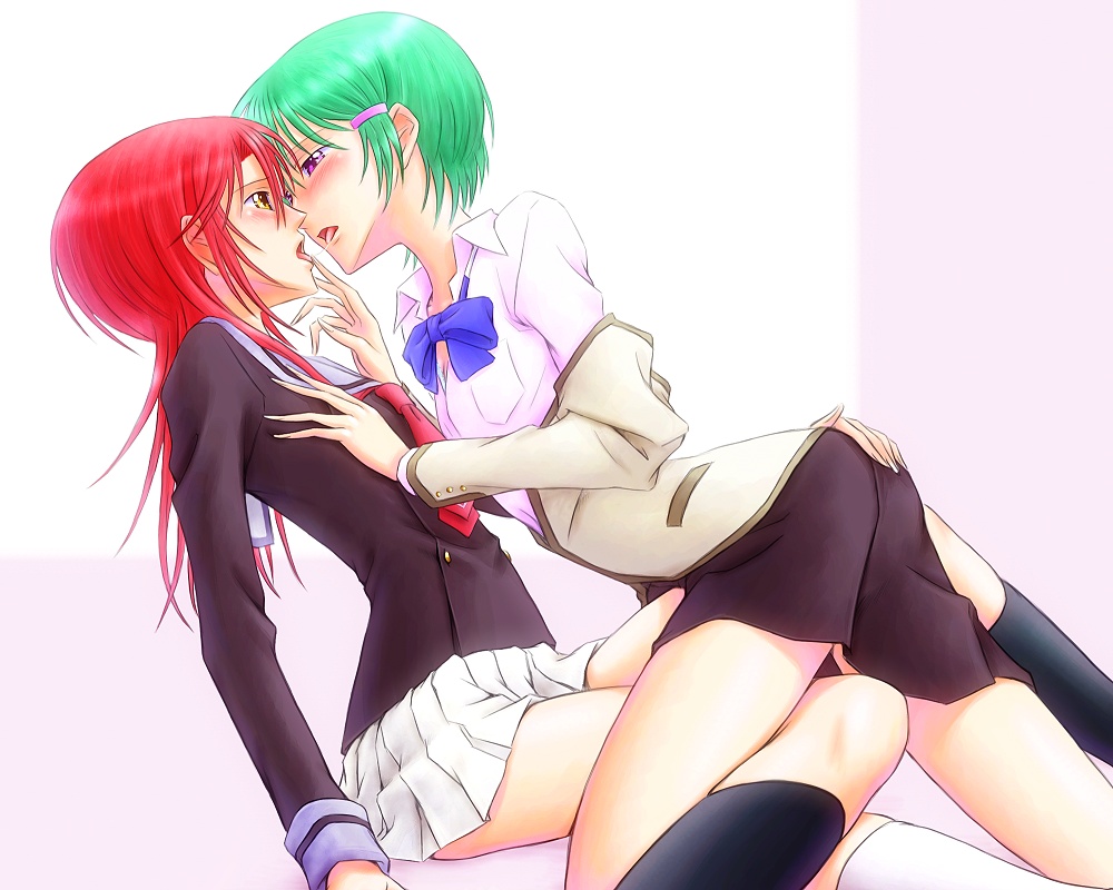 2girls bonnie_(rsg) dry_humping fuyuumi_shoko green_hair hand_on_another's_ass hand_on_another's_chest hino_kahoko humping la_corda_d'oro multiple_girls red_hair tribadism white_background yellow_eyes yuri