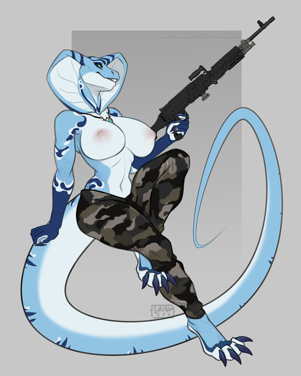 anthro barefoot blue_body bottomwear breasts claws clothed clothing cobra dariana_(quetzaly) eyelashes feet female green_eyes gun hi_res jewelry long_tail looking_at_viewer markings multicolored_body necklace nipples pants partially_clothed ranged_weapon reptile scalie signature skiba613 smile snake solo topless two_tone_body weapon white_body