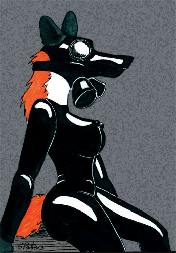 2006 anthro biped black_rubber_suit breasts canid canine clothing digitalvg female fox gas_mask grey_background low_res mammal mask nipples rubber rubber_clothing rubber_suit simple_background sitting solo