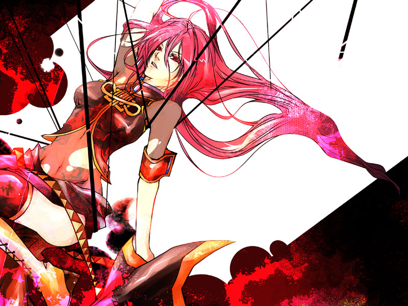 1girl armband boots breasts brown_shirt brown_skirt cross-laced_footwear expressionless floating_hair headphones knee_boots lace-up_boots long_hair looking_at_viewer megurine_luka parted_lips pink_hair red_eyes shiinoyuko shirt short_sleeves skirt sleeveless sleeveless_shirt solo translation_request vocaloid