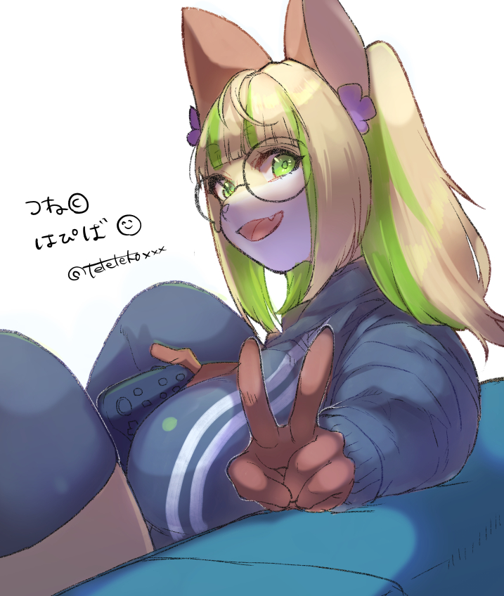 2022 5_fingers anthro bangs biped blonde_hair blue_clothing blue_legwear blue_thigh_highs blunt_bangs breasts brown_body brown_ears brown_fur brown_hands canid canine clothed clothing controller countershade_face countershading cute_fangs dark_legwear dark_thigh_highs digital_media_(artwork) female fingers fox fur game_controller gesture green_eyes green_hair green_highlights green_pupils hair highlights_(coloring) humanoid_hands japanese_text kemono legwear light_body light_countershading light_nose long_hair long_sleeves mammal monotone_clothing monotone_ears monotone_eyes monotone_hands monotone_inner_ear monotone_legwear monotone_nose monotone_thigh_highs monotone_tongue multicolored_body multicolored_fur multicolored_hair open_mouth open_smile pink_inner_ear pink_tongue pupils simple_background smile solo teteteko text thigh_highs tongue tsune_kitaki two_tone_face two_tone_hair v_sign virtual_youtuber white_background white_body white_countershading white_face white_fur white_nose yellow_body yellow_face yellow_fur