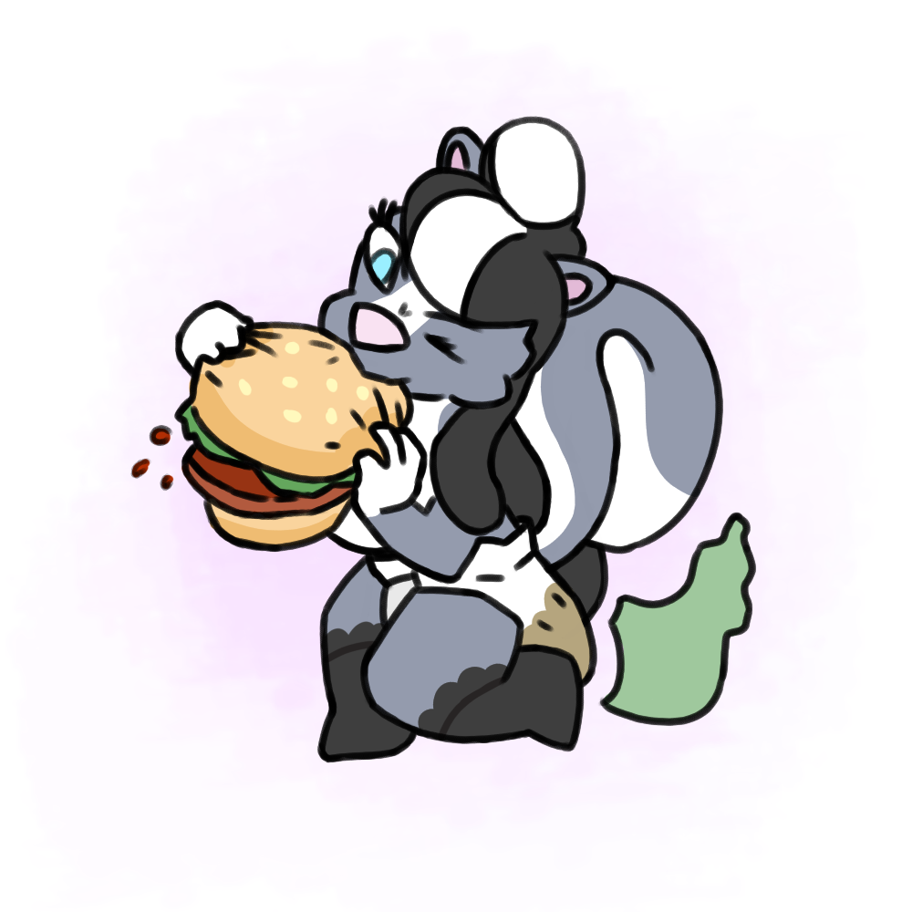 anthro burger diaper diaper_fetish eating feces female food kneeling mammal mephitid messing messy_diaper on_one_knee one_eye_closed pintahyena pooping scat silly skunk soiled_diaper soiling soiling_diaper solo visible_stench