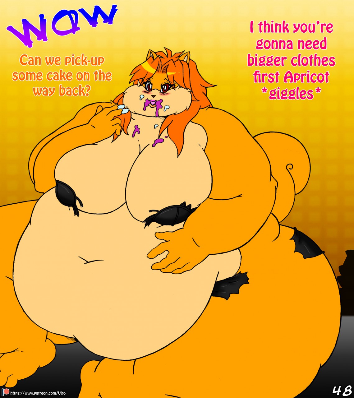 2018 anthro apricot_(viroveteruscy) belly big_belly big_breasts bottomwear breasts clothing comic deep_navel english_text female hi_res huge_breasts hyper hyper_belly mammal morbidly_obese morbidly_obese_anthro morbidly_obese_female navel obese obese_anthro obese_female open_mouth overweight overweight_anthro overweight_female red_eyes rodent sciurid solo text topwear torn_clothing viroveteruscy warning_cream_filled weight_gain