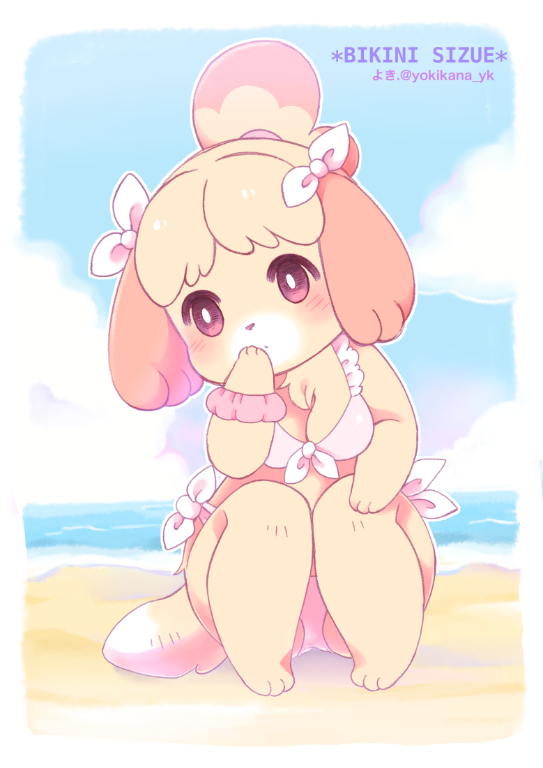 3_fingers 3_toes accessory animal_crossing anthro beach big_breasts bikini blush bottomwear breasts canid canine canis chest_tuft cleavage clothed clothing crouching detailed_background digital_media_(artwork) domestic_dog ear_bow english_text feet female fingers fur hair hair_accessory hair_bow hair_ribbon hand_on_face hand_on_leg isabelle_(animal_crossing) mammal nintendo outside ribbons sand sea seaside shih_tzu sky solo swimwear text toes topwear toy_dog tuft video_games water wristband yokikana_yk