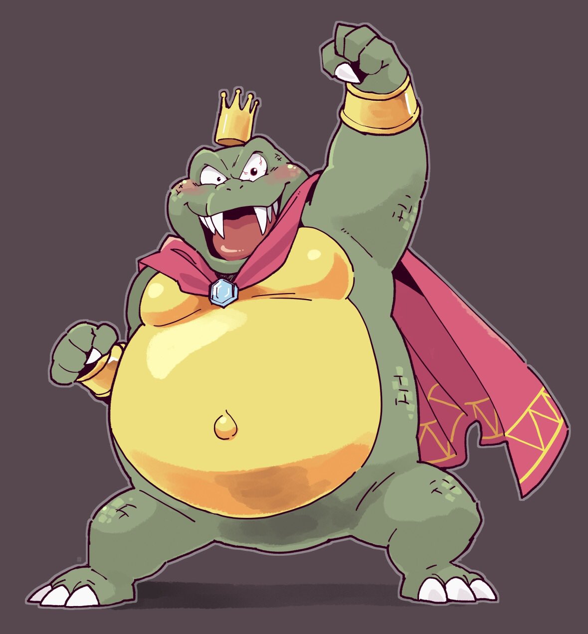 2022 anthro blush cape claws clothing crown donkey_kong_(series) garouzuki hi_res king_k._rool kremling male nintendo open_mouth overweight overweight_anthro overweight_male scalie simple_background solo teeth tongue video_games