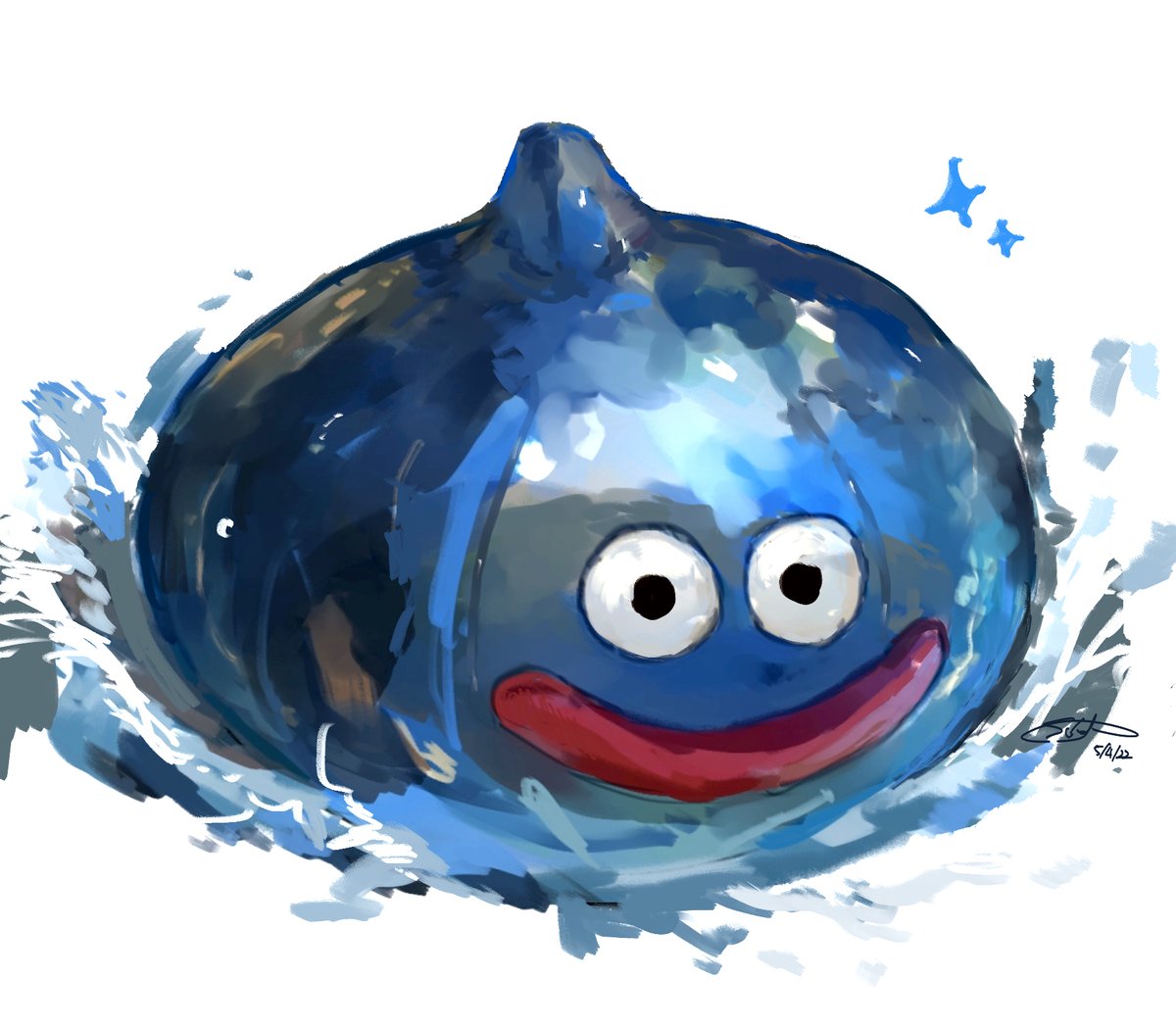 2022 ambiguous_gender black_eyes blue_body blue_goo digital_media_(artwork) digital_painting_(artwork) dragon_quest goo_creature head_bump lineless red_mouth shaded signature simple_background slime_(dragon_quest) smile solo solo_focus sparkles splash splashing square_enix sukep video_games white_background