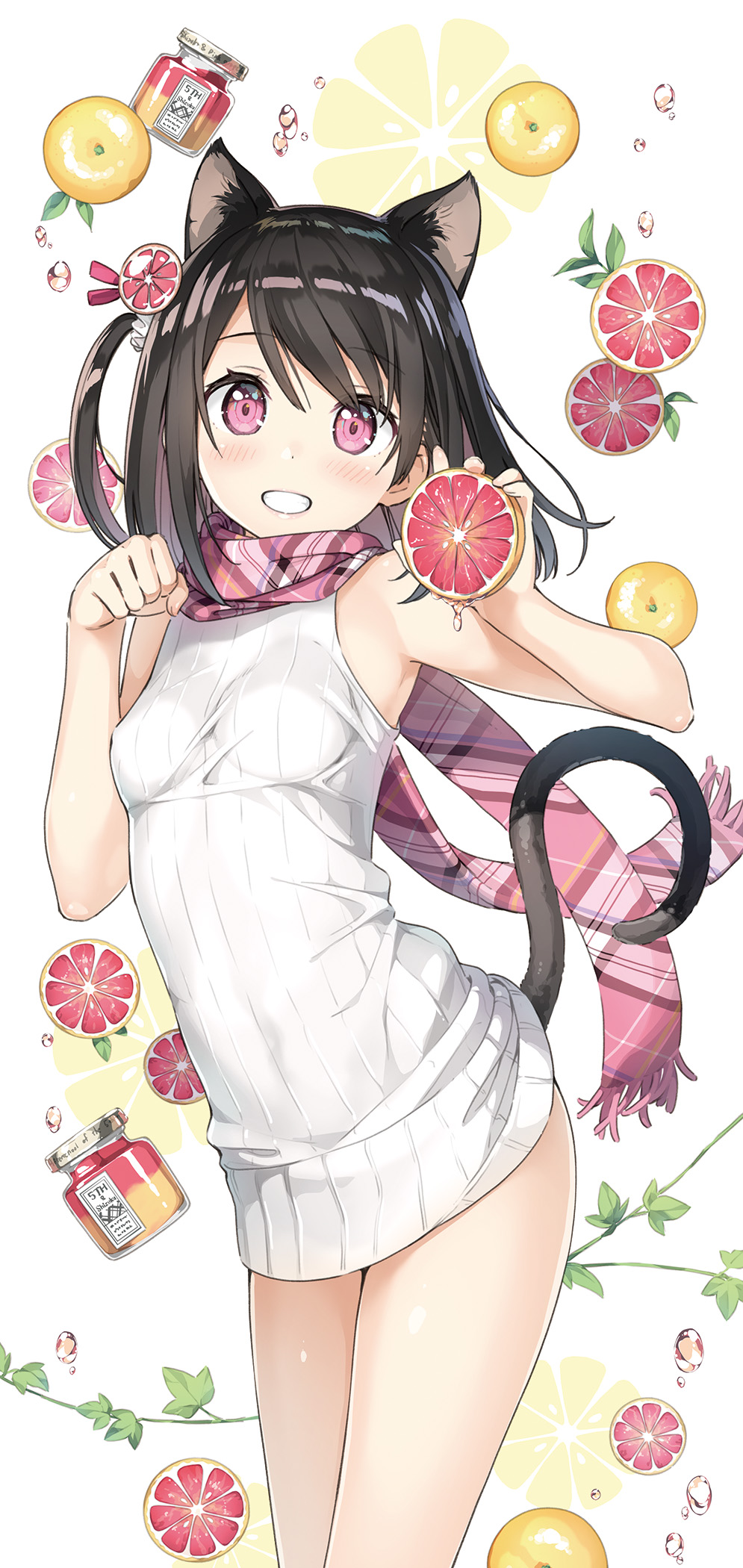 1girl :d animal_ears black_hair breasts cat_ears cat_tail commentary_request cowboy_shot dress eyebrows_visible_through_hair grapefruit highres kantoku looking_at_viewer medium_hair one_side_up open_mouth original paw_pose pink_eyes plaid plaid_scarf ribbed_dress scarf shizuku_(kantoku) short_dress small_breasts smile solo tail taut_clothes taut_dress teeth white_dress
