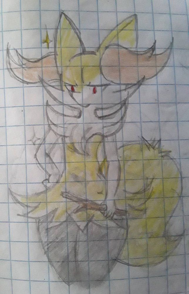 ambiguous_gender anthro big_ears black_body black_legs black_nose braixen canid canine colored_sketch ear_tuft el_furrista fluffy fluffy_tail front_view fur hand_on_hip holding_object holding_stick legs_together looking_down mammal multicolored_body multicolored_fur nintendo notebook_paper_background pear-shaped_figure pok&eacute;mon pok&eacute;mon_(species) red_eyes shoulder_tuft sketch slim solo sparkles stick traditional_media_(artwork) tuft video_games white_arms white_body white_fur wide_hips yellow_body yellow_fur yellow_tail