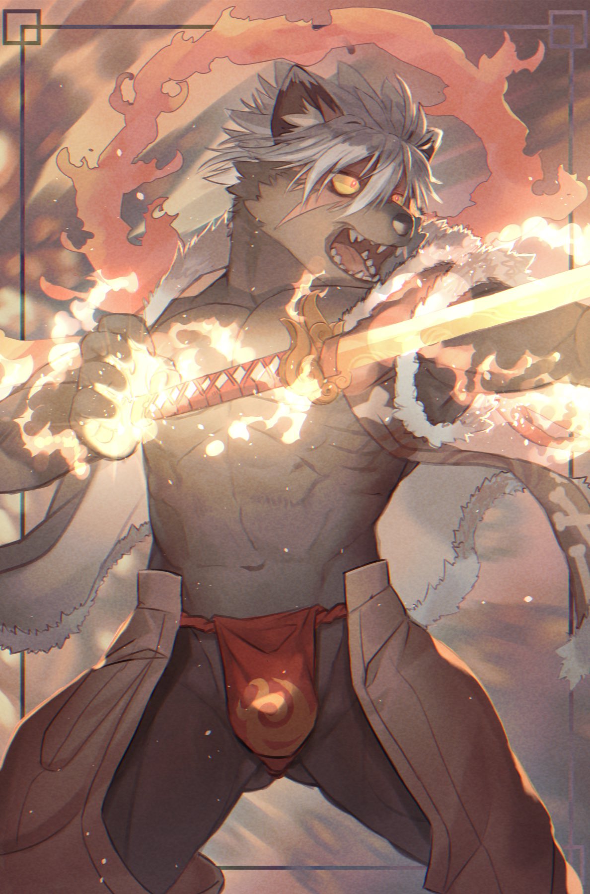 asian_clothing birry41 bulge burn_scar canint chaps clothing crotchless_clothing east_asian_clothing fire fundoshi hi_res japanese_clothing lifewonders male melee_weapon muscular muscular_male scar solo sword tadatomo tokyo_afterschool_summoners underwear video_games weapon white)hair