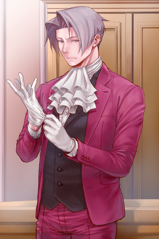 1boy ace_attorney ascot chizuma formal gloves grey_eyes grey_hair indoors jacket long_sleeves male_focus miles_edgeworth putting_on_gloves red_jacket solo vest