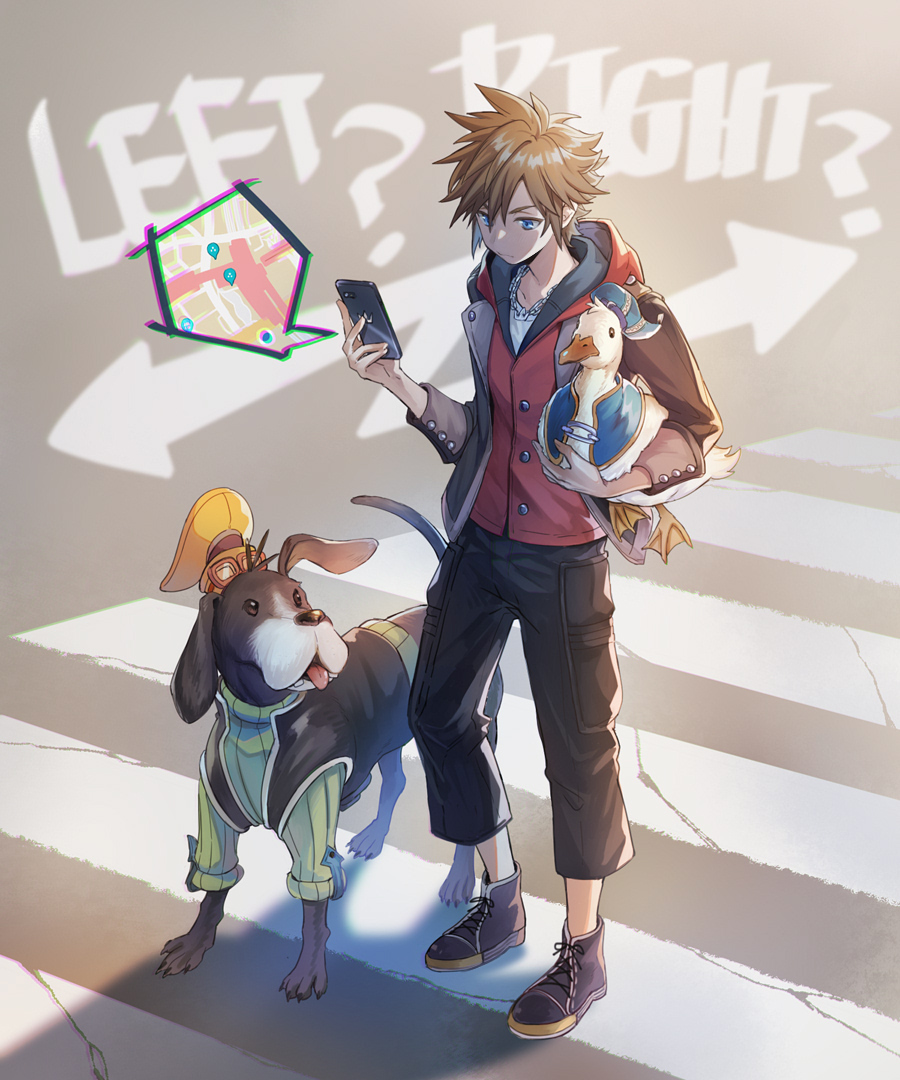 1boy animal animalization bird brown_hair cellphone clothed_animal crosswalk dog donald_duck duck goofy gps hat holding holding_animal hood hoodie jacket kingdom_hearts kingdom_hearts_iv phone red_hoodie road smartphone sora_(kingdom_hearts) spiked_hair standing street yurichi_(artist)