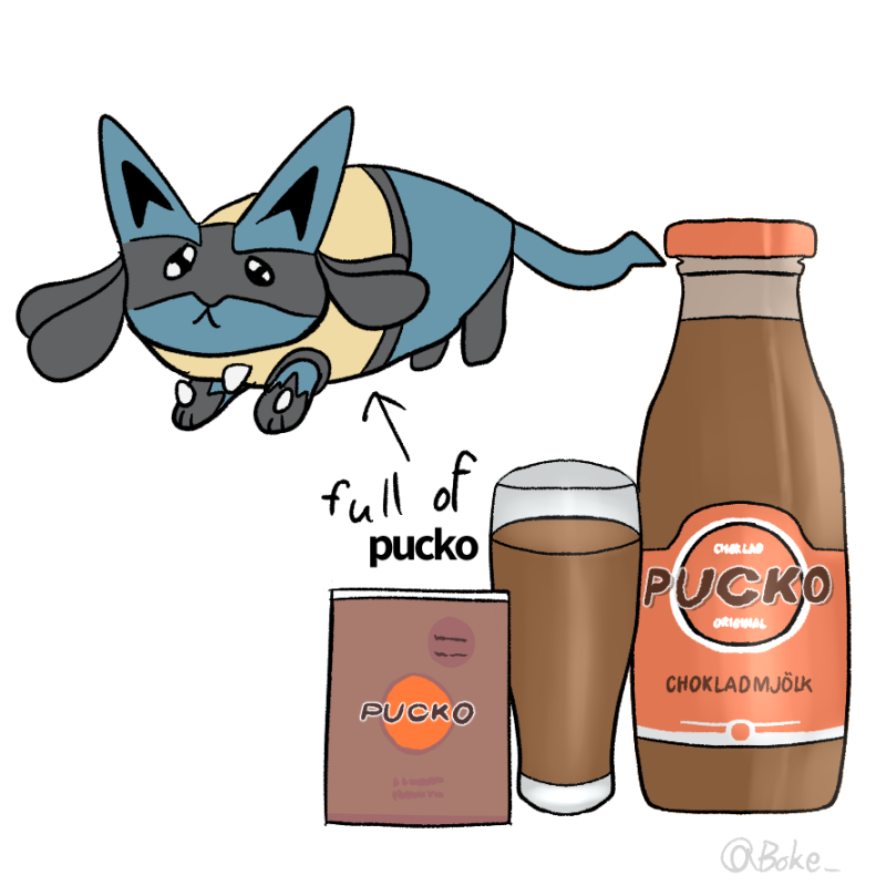 1:1 2022 ambiguous_gender beady_eyes beverage black_body black_fur blue_body blue_fur boke_(artist) bottle chest_spike container cup digital_drawing_(artwork) digital_media_(artwork) english_text feral feralized fur hand_spike lucario nintendo pok&eacute;mon pok&eacute;mon_(species) pucko_(drink) signature simple_background slightly_chubby solo spikes spikes_(anatomy) swedish_text tan_body tan_fur text translated video_games