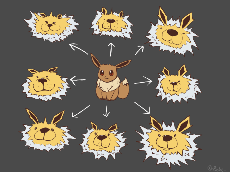 2022 ambiguous_gender arrow boke_(artist) brown_body brown_fur digital_drawing_(artwork) digital_media_(artwork) dot_eyes eevee eeveelution feral fur group humor jolteon meme neck_tuft nintendo pok&eacute;mon pok&eacute;mon_(species) signature simple_background smile snout tuft video_games white_body white_fur yellow_body yellow_fur