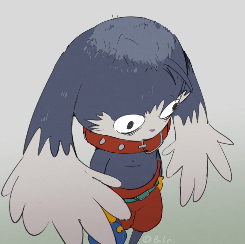 2022 anthro bald balding bandai_namco black_body black_fur boke_(artist) bottomwear clothed clothing collar digital_drawing_(artwork) digital_media_(artwork) domestic_cat felid feline felis floppy_ears fur hat headgear headwear high-angle_view humor klonoa klonoa_(series) lagomorph leporid male mammal meme pants rabbit signature simple_background solo topless video_games white_body white_fur wide_eyed