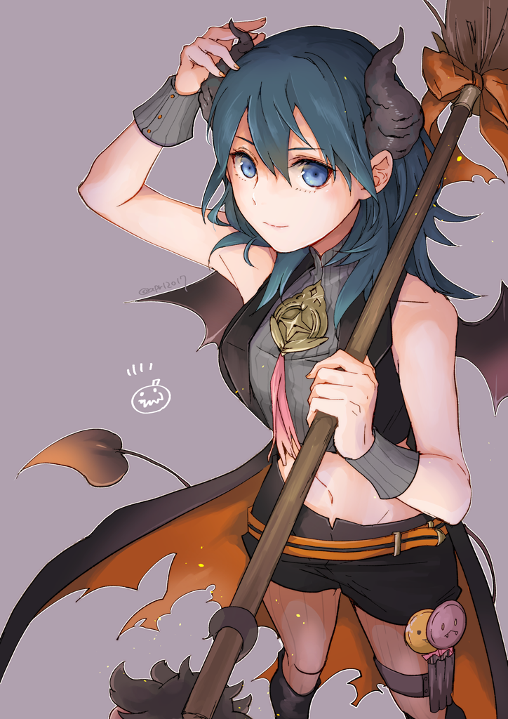 1girl adapted_costume arm_up bangs black_shorts blue_eyes blue_hair bow broom byleth_(fire_emblem) byleth_(fire_emblem)_(female) closed_mouth collarbone crop_top fire_emblem fire_emblem:_three_houses fire_emblem_heroes grey_background hair_between_eyes halloween halloween_costume holding holding_broom horns long_hair midriff navel orange_bow pantyhose robaco shiny shiny_hair short_shorts shorts sketch smile solo standing stomach twitter_username