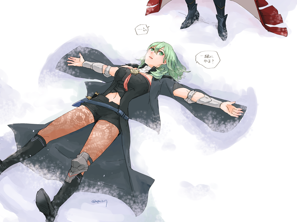 1girl bangs black_footwear black_shorts boots brown_legwear cape edelgard_von_hresvelg enlightened_byleth_(female) eyebrows_visible_through_hair fire_emblem fire_emblem:_three_houses green_eyes green_hair grey_cape hair_between_eyes knee_boots legwear_under_shorts long_hair midriff navel open_mouth outstretched_arms pantyhose robaco short_shorts shorts snow_angel solo_focus speech_bubble stomach