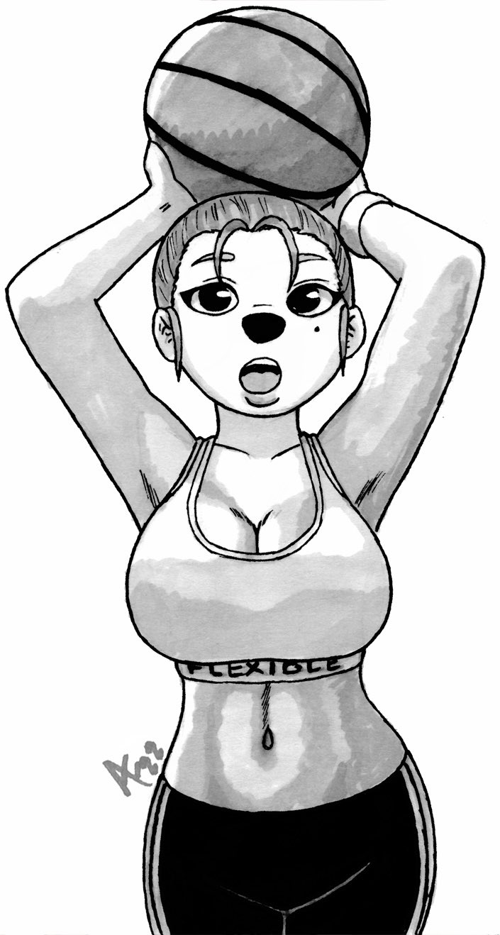 aaronhibiki alternate_hairstyle anthro basketball beauty_mark big_breasts bra breasts canid canine canis cleavage clothed clothing curvy_figure disney domestic_dog female goof_troop hi_res huge_breasts mammal midriff monochrome navel roxanne_(goof_troop) small_waist solo sports_bra sportswear tight_clothing underwear wide_hips wristband