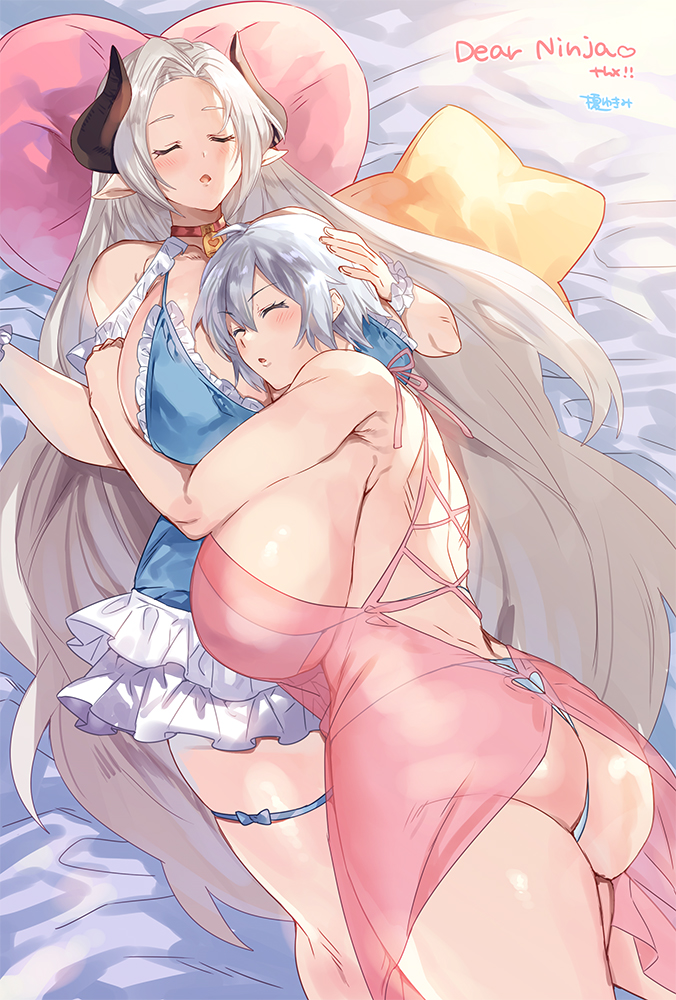 2girls ass black_horns blush borrowed_character breast_pillow breasts closed_eyes commission eno_yukimi feet_out_of_frame grey_hair hanako_(ninjathepirate) hand_on_another's_head horns hug huge_ass huge_breasts long_hair lying multiple_girls on_back original parted_lips pillow pointy_ears second-party_source short_hair skeb_commission sleeping sleeping_on_person vella_(ninjathepirate) very_long_hair yuri