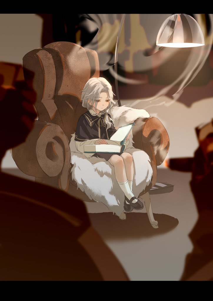 1boy armchair black_capelet black_footwear black_shorts book capelet ceiling_light chair child cigar crossed_ankles cup ensemble_stars! grey_hair hair_over_shoulder holding holding_book holding_cigar holding_cup letterboxed lonely long_hair long_sleeves looking_away male_child male_focus neck_ribbon open_book out_of_frame pelt ponytail ran_nagisa reading red_eyes ribbon rrr_(reason) shirt shoes shorts sitting smoke smoking socks solo_focus wavy_hair white_legwear white_shirt younger