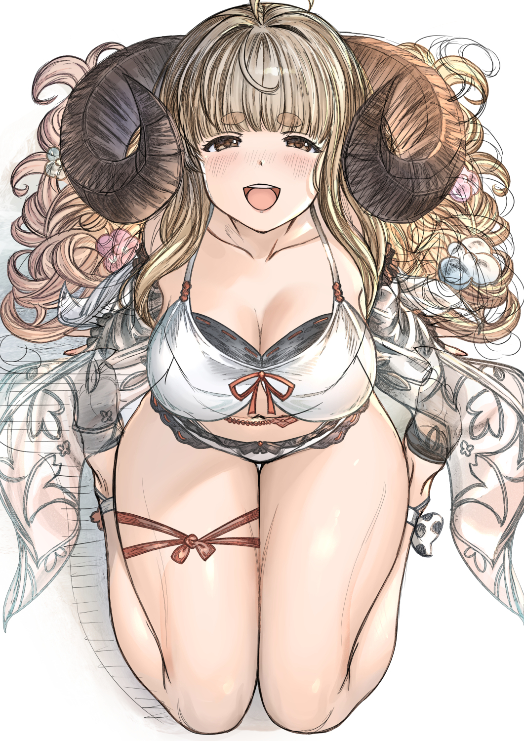 1girl :d aldehyde anila_(granblue_fantasy) blonde_hair breasts cleavage draph granblue_fantasy highres large_breasts long_hair looking_at_viewer smile solo