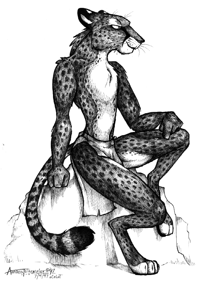 1997 amara_telgemeier anthro black_and_white bottomwear cheetah clothing felid feline grin loincloth male mammal monochrome rock sitting smile solo traditional_media_(artwork)