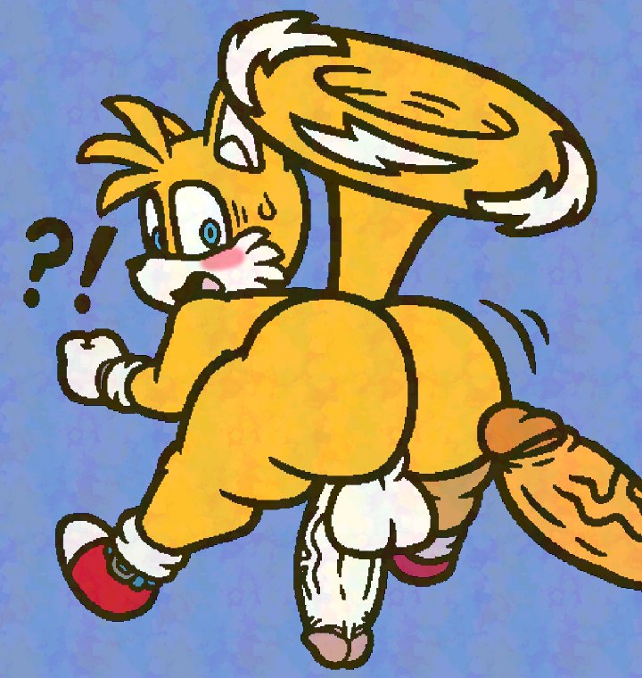 2_tails anthro backsack balls big_butt blonde_hair blue_body blue_eyes blush butt canid canine clothing disembodied_penis duo flying footwear fox ftrashman_(artist) genitals girly gloves hair handwear humanoid_genitalia humanoid_penis looking_at_viewer looking_back looking_back_at_viewer male mammal miles_prower multi_tail nude penis perineum sega shoes solo_focus sonic_the_hedgehog_(series) thick_thighs wide_eyed wide_hips yellow_body