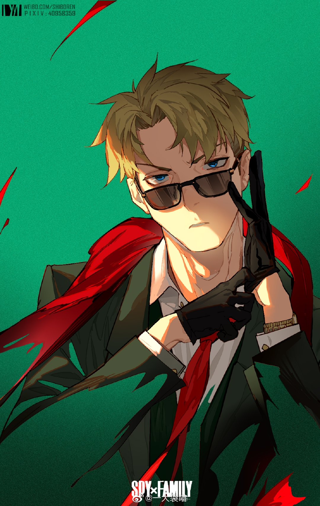 1boy bangs black_gloves blonde_hair blue_eyes dm_(dai_miao) eyebrows_behind_hair eyebrows_visible_through_hair formal gloves green_background highres looking_at_viewer necktie putting_on_gloves short_hair simple_background solo spy_x_family suit sunglasses twilight twilight_(spy_x_family) upper_body watch