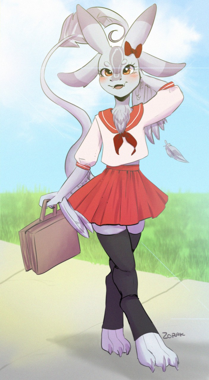 3_toes 4_ears anthro avali bottomwear bow_tie breasts clothing dragon fangs feathered_dragon feathered_tail feathers feet female grass hi_res legwear looking_at_viewer multi_ear naaka plant red_bottomwear red_clothing red_skirt school_uniform skirt smile solo standing stockings suitcase toes uniform walkway wings yellow_eyes zorak_(artist)