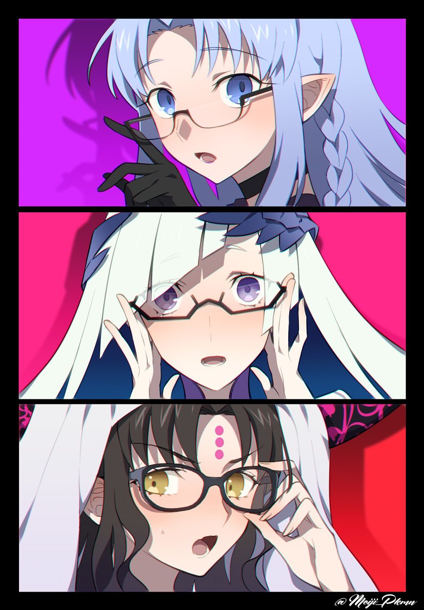 3girls bangs bespectacled black_hair blue_eyes blue_hair blush braid brynhildr_(fate) caster commentary_request eyebrows_visible_through_hair facial_mark fate/grand_order fate_(series) glasses hand_on_eyewear horns long_hair looking_at_viewer meiji_ken multiple_girls open_mouth pink_background pointy_ears portrait purple_background purple_eyes red_background sesshouin_kiara shadow side_braid sweat yellow_eyes