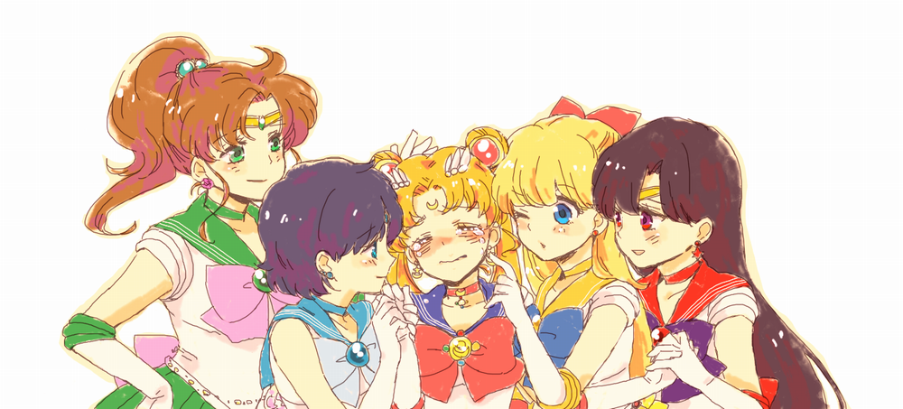 5girls bishoujo_senshi_sailor_moon blonde_hair blue_eyes blush bow brown_hair choker crying green_choker green_eyes green_skirt holding_hands inner_senshi magical_girl multiple_girls one_eye_closed pink_bow purple_bow red_bow red_choker red_eyes sad sailor_jupiter sailor_mars sailor_mercury sailor_moon sailor_venus simple_background skirt white_background