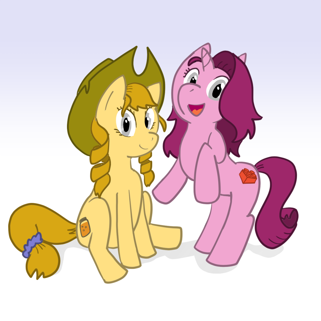 anthro brittany_broski clothing cowboy_hat curled_hair cutie_mark digital_media_(artwork) duo earth_pony equid equine eyelashes fan_character female friendship_is_magic fur hair hasbro hat headgear headwear horse kombucha lego looking_at_viewer mammal my_little_pony open_mouth pink_body pink_fur pony ponytail sarah_schauer scrunchie silver_eyes simple_background smile tongue tooundone yellow_body yellow_fur