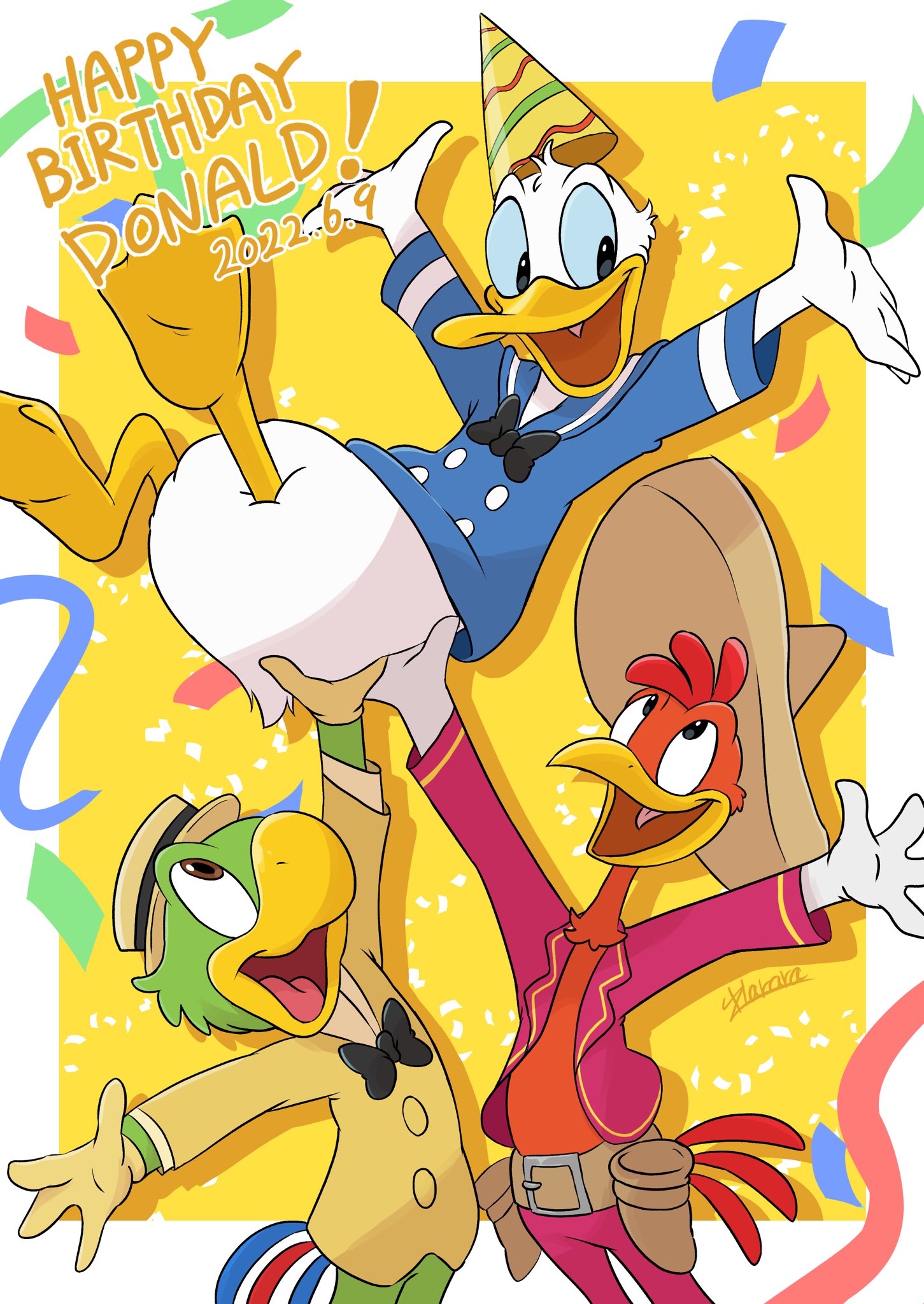 2022 4_fingers anatid anseriform anthro avian beak belt biped bird birthday black_bow_tie blue_clothing blue_sclera blue_shirt blue_topwear bottomless bow_tie brown_eyes cel_shading chicken clothed clothing confetti digital_drawing_(artwork) digital_media_(artwork) disney donald_duck duck english_text feathers fingers galliform gallus_(genus) gloves green_body green_feathers group handwear happy harara hat headgear headwear hi_res holster jos&eacute;_carioca looking_down looking_down_at_another looking_up looking_up_at_another male open_clothing open_mouth open_shirt open_smile open_topwear panchito_pistoles parrot party_hat phasianid pork_pie_hat red_body red_feathers shaded shirt signature smile sombrero text the_three_caballeros topwear trio white_body white_feathers yellow_beak yellow_clothing yellow_gloves yellow_handwear yellow_topwear