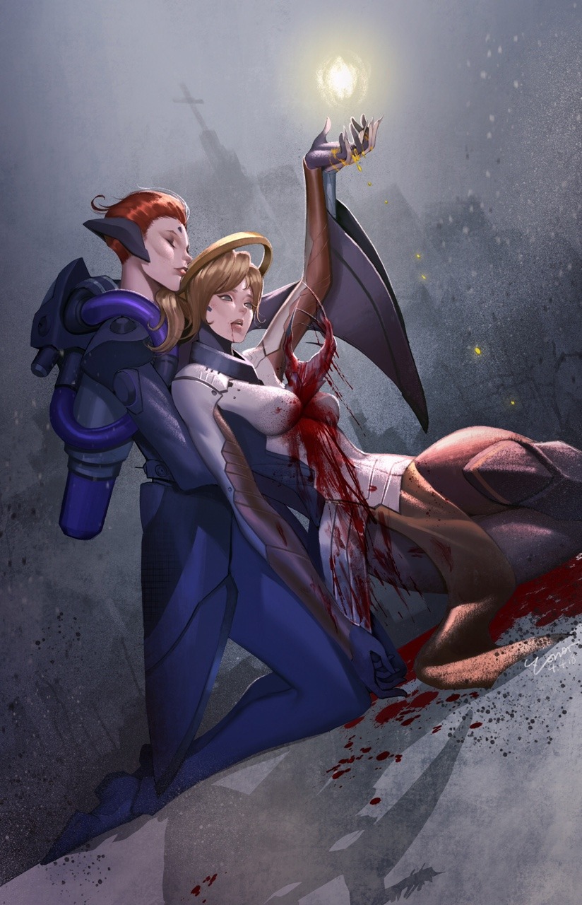 2girls bad_end blonde_hair blood blood_from_mouth blue_eyes bodysuit breasts claw_(weapon) empty_eyes english_commentary grabbing grabbing_from_behind guro hair_slicked_back hand_grab highres imminent_death kneeling mechanical_halo medium_breasts mercy_(overwatch) moira_(overwatch) multiple_girls overwatch red_hair shadow short_hair short_ponytail stab stabbed_heart weapon wide_sleeves zoner