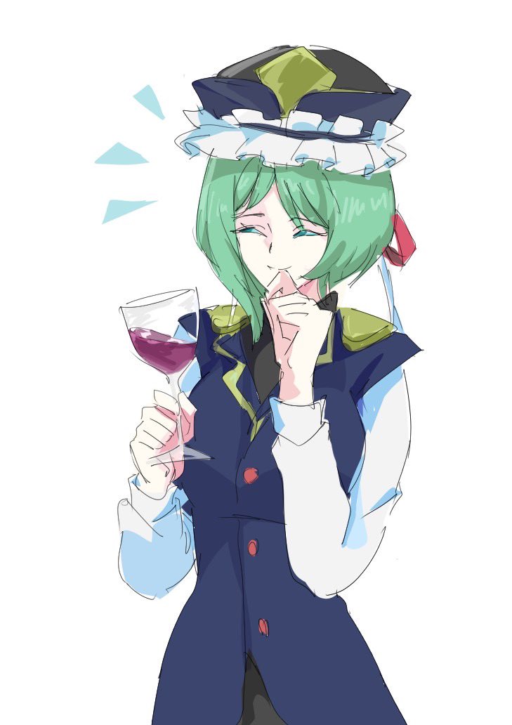 1girl alcohol asymmetrical_hair black_headwear black_skirt blue_eyes blue_headwear blue_vest bow breasts bright_pupils buttons closed_eyes cup drinking_glass epaulettes eyebrows_visible_through_hair frilled_hat frills green_hair hand_to_own_mouth hat holding holding_cup long_sleeves looking_at_viewer medium_breasts red_bow shiki_eiki shirt short_hair simple_background skirt smile solo tohoyuukarin touhou upper_body vest white_background white_bow white_pupils white_shirt wine wine_glass