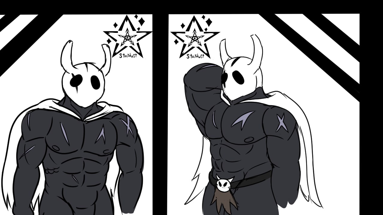 anthro arthropod barazoku belt cape clothing colored fafnir_stardust_(artist) flat_colors guide_lines hollow_knight horn humanoid male muscular muscular_anthro muscular_male pecs scar simple_background sketch solo team_cherry video_games
