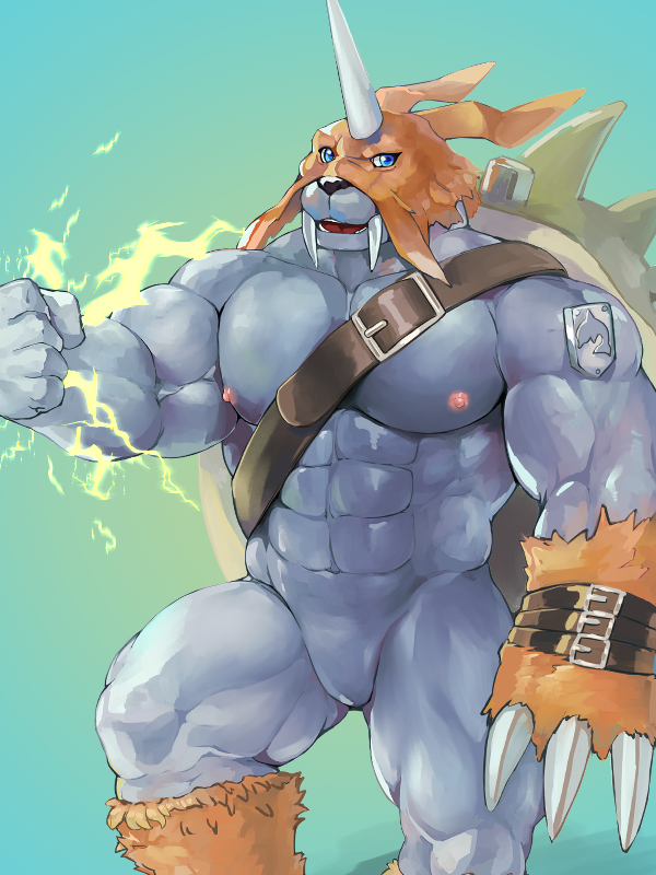 abs animal_skin anthro bandai_namco belt claws digimon digimon_(species) electricity featureless_crotch male muscular muscular_anthro muscular_male nipples pecs salz_sop solo tusks zudomon