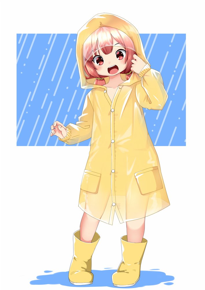 1girl bangs blush boots coat full_body kaiboukan_no._4_(kancolle) kantai_collection long_sleeves low_twintails nassukun open_mouth rain rain_boots raincoat red_eyes red_hair see-through short_twintails simple_background solo standing twintails wet wet_clothes yellow_coat yellow_footwear