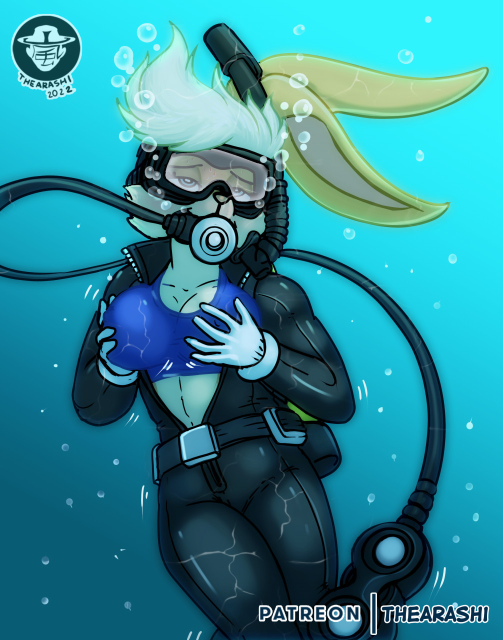 anthro breast_squish breasts diving_mask female hi_res lagomorph leporid lola_bunny looney_tunes mammal mask rabbit scuba scuba_suit solo squish thearashi warner_brothers