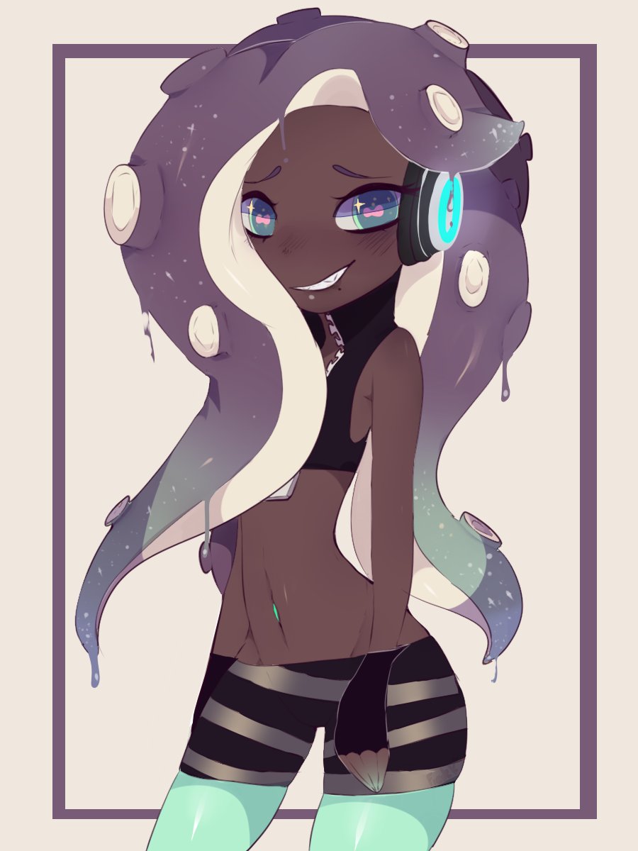 2017 3:4 cephalopod clothed clothing dark_body dark_skin digital_media_(artwork) eyebrows eyelashes female fredek666 hi_res looking_at_viewer marina_(splatoon) marine mollusk nintendo octarian octoling shaded simple_background solo splatoon video_games