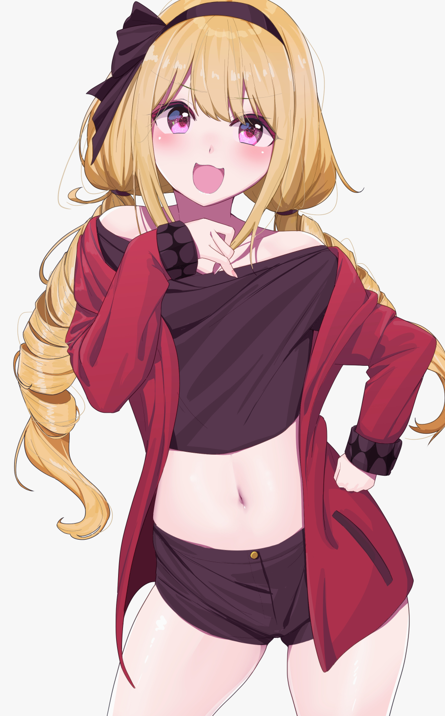 1girl bangs black_hairband black_shirt black_shorts blonde_hair blush commentary_request crop_top drill_hair eyebrows_visible_through_hair futaba_anzu grey_background hair_between_eyes hairband hand_on_hip highres idolmaster idolmaster_cinderella_girls jacket long_hair long_sleeves looking_at_viewer low_twintails midriff navel off_shoulder open_clothes open_jacket purple_eyes ratsuku_kinoko red_jacket shirt short_shorts shorts simple_background sleeves_past_wrists solo standing twin_drills twintails very_long_hair