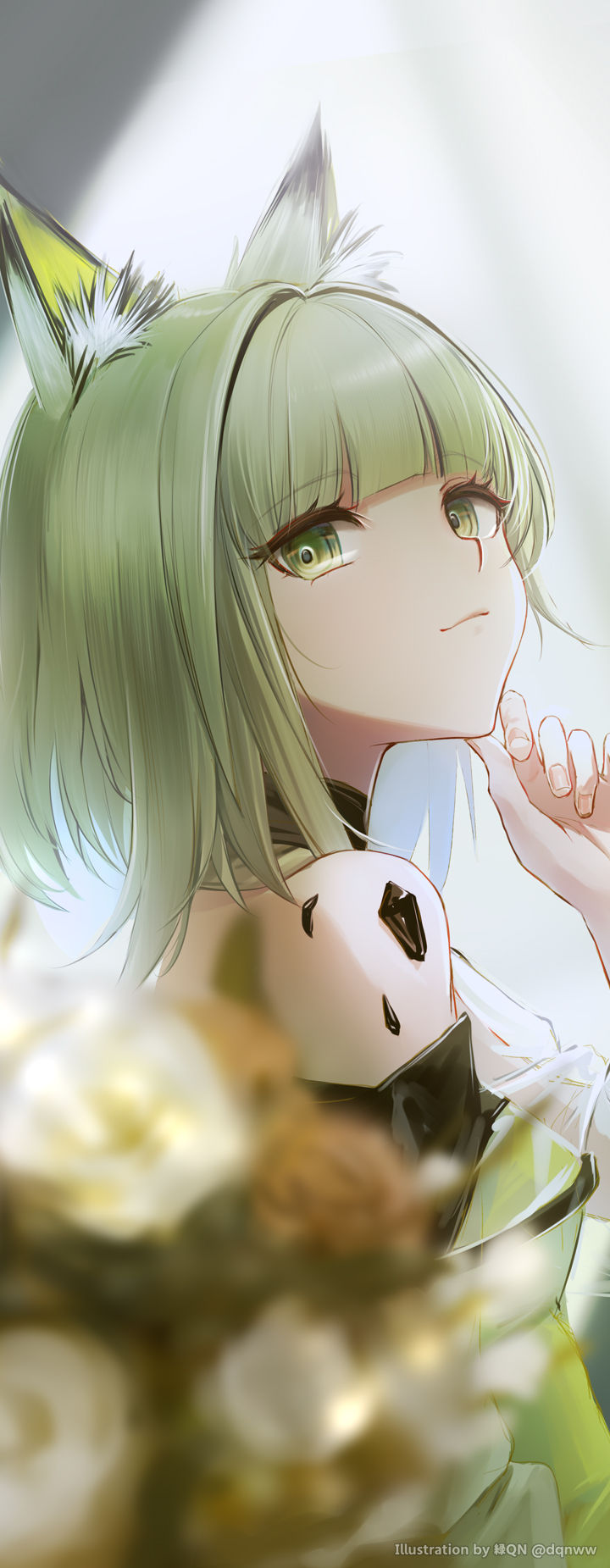 1girl animal_ear_fluff animal_ears arknights bangs bare_shoulders blunt_bangs blurry blurry_foreground bouquet breasts cat_ears closed_mouth depth_of_field dqn_(dqnww) dress eyebrows_visible_through_hair flower green_dress green_hair hand_on_own_chin highres kal'tsit_(arknights) long_hair oripathy_lesion_(arknights) rose simple_background small_breasts smile solo upper_body white_background white_flower white_rose