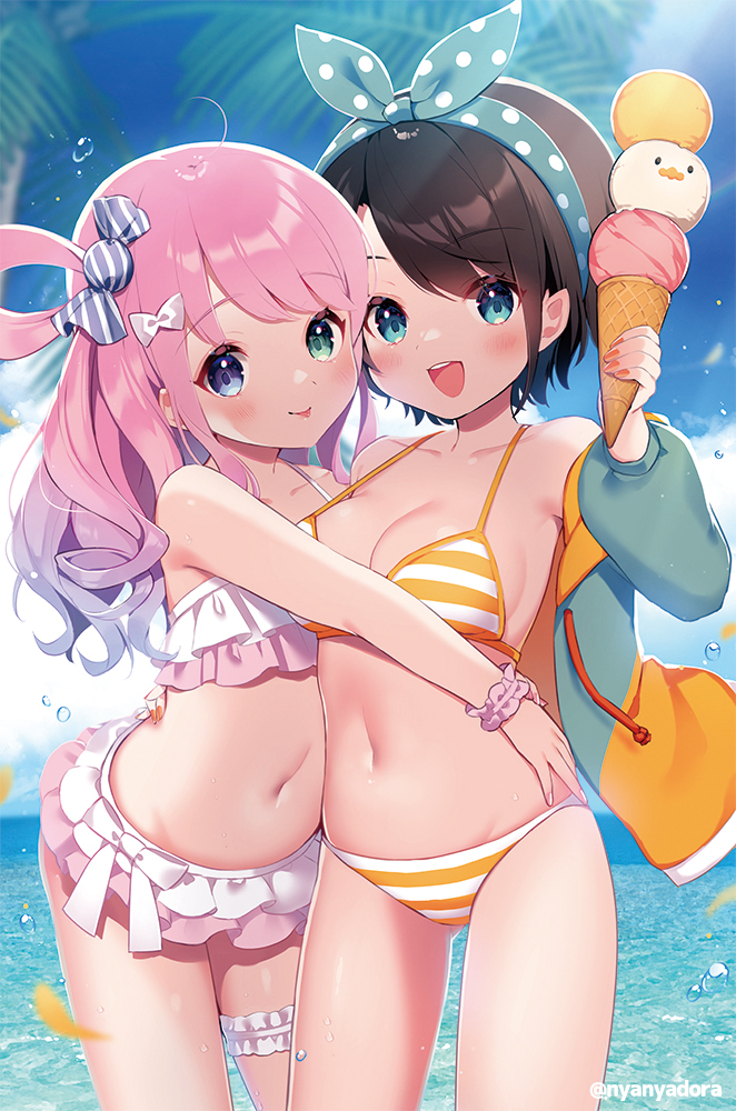 2girls :d :p ahoge bangs bare_shoulders bikini blue_eyes blue_hair blue_jacket bow_hairband breasts brown_hair candy_hair_ornament cleavage cowboy_shot eyebrows_visible_through_hair food food-themed_hair_ornament frilled_bikini frills gradient_hair green_eyes hair_ornament hair_rings hairband heterochromia himemori_luna holding holding_food hololive huge_breasts ice_cream ice_cream_cone jacket leg_garter long_hair long_sleeves looking_at_viewer medium_breasts multicolored_hair multiple_girls nail_polish navel nyasunyadoora ocean one_side_up oozora_subaru open_clothes open_jacket outdoors palm_leaf petals pink_bikini pink_hair puffy_long_sleeves puffy_sleeves red_nails short_hair smile stomach striped striped_bikini swimsuit tongue tongue_out twitter_username virtual_youtuber white_bikini wrist_cuffs yellow_jacket