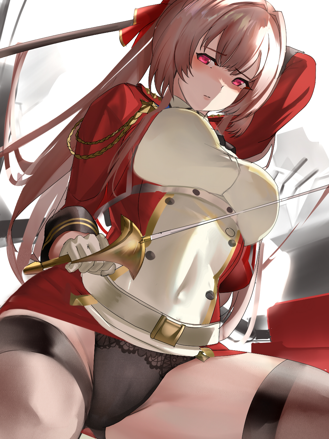 1girl aiguillette arm_behind_head arm_up azur_lane black_panties bow breasts brown_hair brown_legwear buttons double-breasted from_below gloves hair_bow highres holding holding_sword holding_weapon jacket lace-trimmed_panties lace_trim large_breasts long_hair looking_away military military_uniform multicolored_clothes multicolored_jacket panties pantyshot penggan rapier red_bow red_jacket shaded_face sideways_glance simple_background solo swiftsure_(azur_lane) sword thighhighs two-tone_jacket underwear uniform weapon white_background white_gloves white_jacket