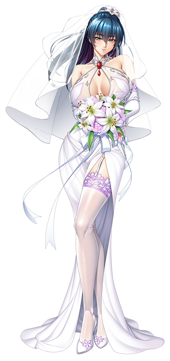 1girl bangs bare_shoulders blue_eyes blue_hair bouquet breasts breasts_apart bridal_veil closed_mouth collarbone commentary contrapposto dress eyebrows_visible_through_hair flower full_body garter_straps gem hair_between_eyes hair_flower hair_ornament high_heels high_ponytail highres holding holding_bouquet holding_flower igawa_asagi kagami_hirotaka lace-trimmed_legwear lace_trim large_breasts long_hair looking_at_viewer multicolored_hair official_alternate_costume official_art own_hands_together purple_hair simple_background smile solo standing streaked_hair taimanin_(series) taimanin_asagi thighhighs veil wedding_dress white_background white_dress white_footwear white_legwear