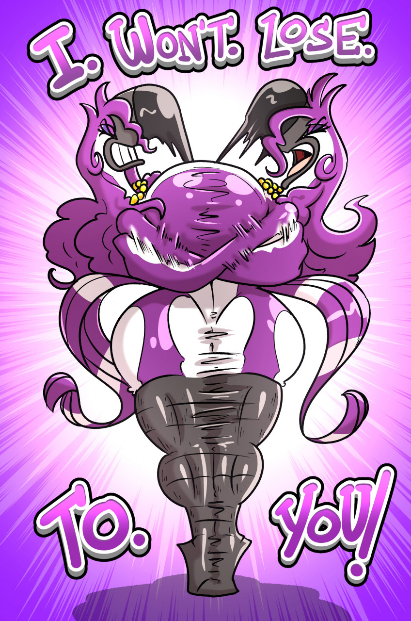angry anthro avian beak big_breasts big_butt bird breast_squish breasts butt conjoined curvy_figure digital_media_(artwork) duo english_text eyes_closed feathers female female/female fight hair hi_res jewelry magic merging necklace nude phoebe_(sachasketchy) purple_body purple_feathers purple_hair reina_(sachasketchy) sachasketchy simple_background squish text thick_thighs toucan transformation wide_hips