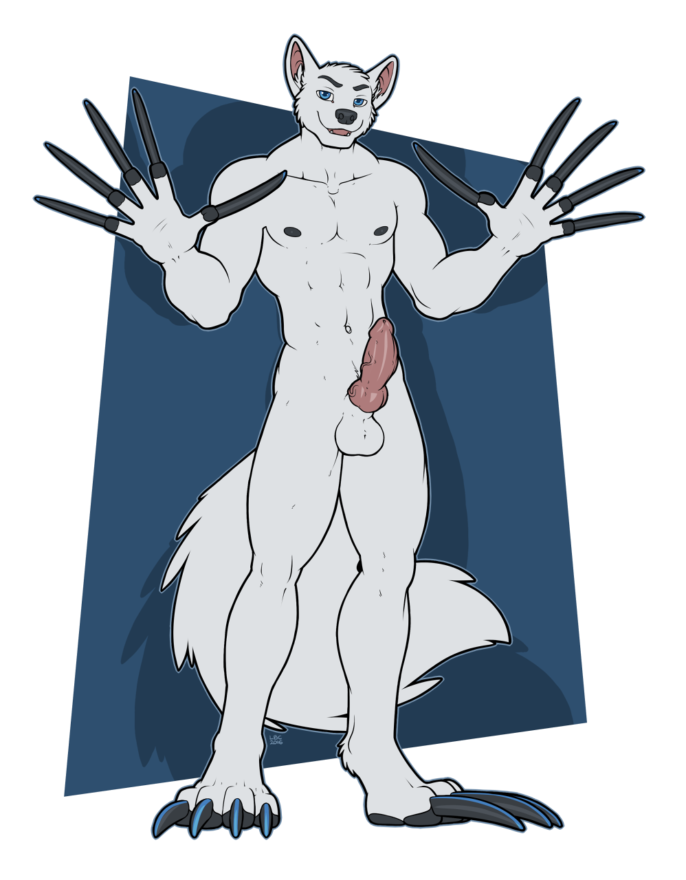 2016 5_fingers abs alpha_channel animal_genitalia animal_penis anthro balls biped blue_eyes canid canine canine_penis claws digital_media_(artwork) erection fingers full-length_portrait fur genitals hi_res knot long_claws longblueclaw male mammal muscular muscular_anthro muscular_male open_mouth pawpads paws penis portrait simple_background smile solo teeth white_body white_fur