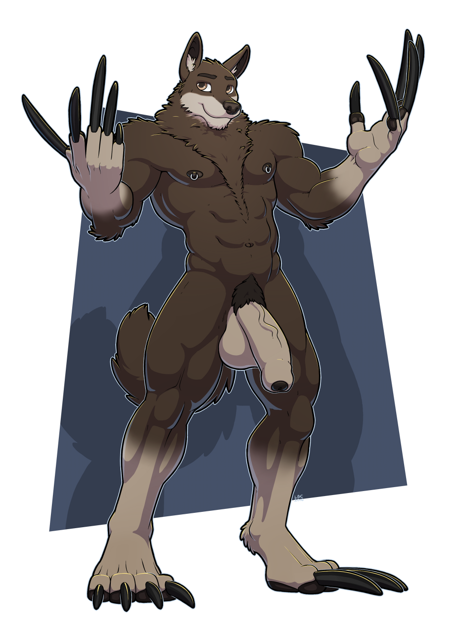2016 5_fingers anthro brown_body brown_eyes brown_fur canid canine canis claws digital_media_(artwork) fingers flaccid foreskin full-length_portrait fur genitals hi_res inner_ear_fluff long_claws longblueclaw male mammal muscular muscular_anthro muscular_male nipple_piercing nipples pawpads paws penis piercing portrait pubes simple_background smile solo tan_body tan_fur tuft wolf