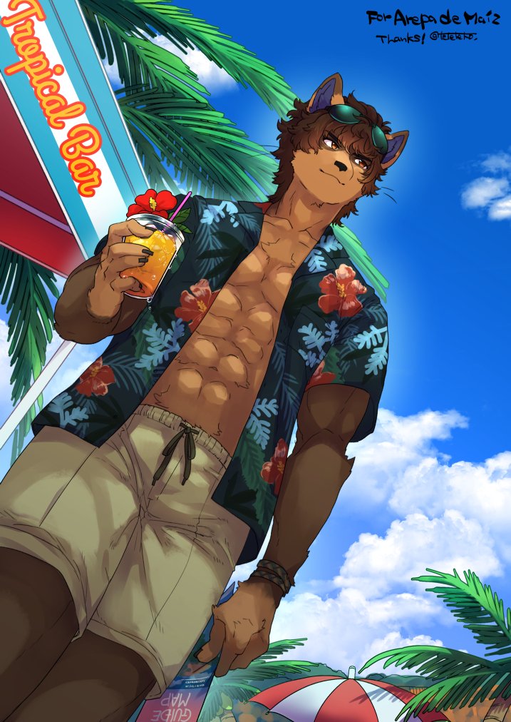 2022 abs aloha_shirt anthro beverage biped black_eyebrows black_fingernails blue_sky bottomwear brown_body brown_eyes brown_fur brown_hair canid canine closed_smile clothed clothing cloud container countershade_face countershade_torso countershading cup dark_eyebrows day digital_media_(artwork) dipstick_ears dutch_angle eyebrows eyewear eyewear_on_head fingernails floral_shirt flower fur gloves_(marking) hair hibiscus holding_beverage holding_cup holding_object humanoid_hands kemono leaf male mammal markings medium_hair monotone_eyebrows monotone_eyes multicolored_ears muscular muscular_anthro muscular_male nails navel open_clothing open_shirt open_topwear outside palm_tree pattern_clothing pattern_shirt pattern_topwear plant purple_inner_ear red_flower shirt short_sleeves shorts sky smile solo sunglasses sunglasses_on_head tan_bottomwear tan_clothing tan_shorts teteteko topwear tree umbrella whiskers