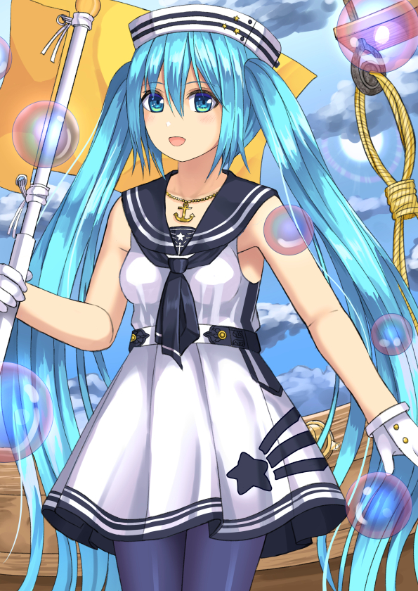1girl :d anchor_necklace black_legwear black_sailor_collar blue_eyes blue_hair blue_sky blush breasts bubble cloud collarbone commentary_request day dress flag gloves hat hatsune_miku holding holding_flag long_hair looking_at_viewer medium_breasts outdoors pantyhose revision rope sailor_collar sailor_dress sky sleeveless sleeveless_dress smile solo star_(symbol) sun tukino_neru twintails very_long_hair vocaloid white_dress white_gloves white_headwear